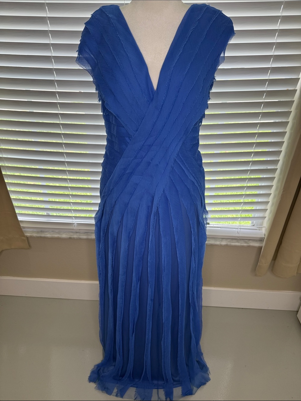 Tadashi Shoji Cobalt Blue Pleated V-Neck Maxi Dress